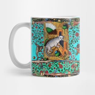 WEIRD MEDIEVAL BESTIARY MAKING MUSIC, Cat Playing Organ,Harpist Rabbit,Snail Cat in Teal Blue Mug